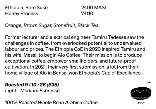 500g Ethiopia Bore Suke Honey Light Medium Espresso, Ome Selects